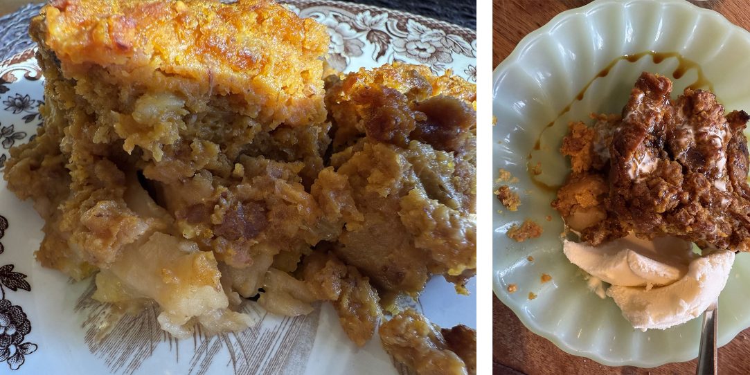 A piece/spoonful of dessert on a white plate with brown floral decoration around the edge and on the right a green fluted plate with the dessert where a teaspoon of molasses drizzle can be seen starting to flow down the fluted curves.